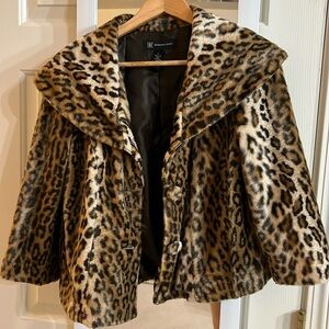 Shawl collar animal print faux fur jacket
